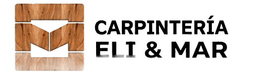 Logo de carpintería con ícono de madera y texto “CARPINTERÍA E&M” en negro y blanco.