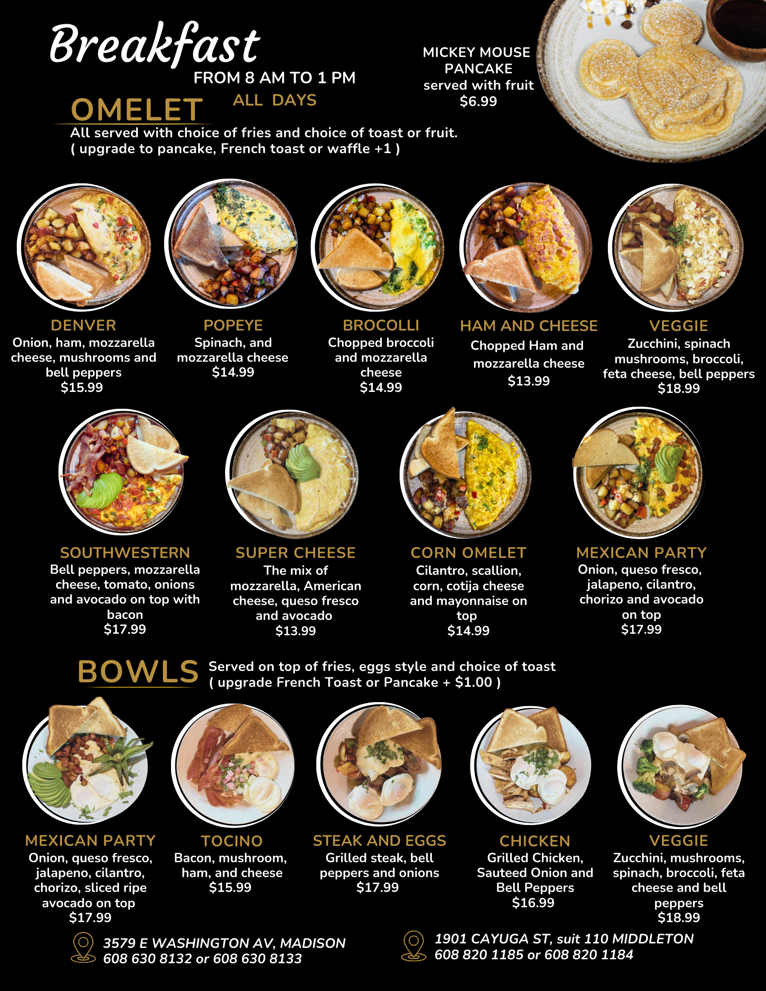 Breakfast menu with omelets, pancakes, and bowls, including pictures and pricing.