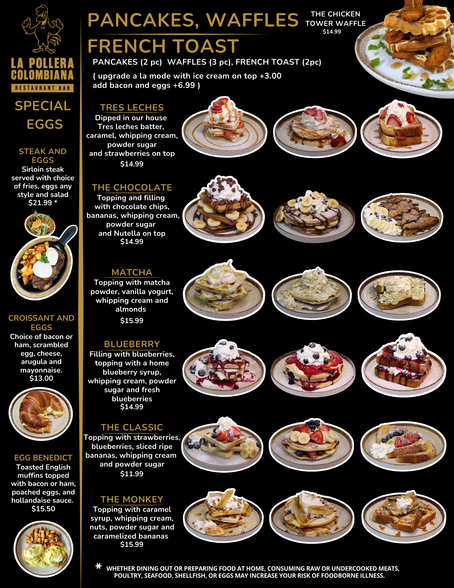 Menu for La Pollina Criolla with pancakes, waffles, French toast, and special eggs.