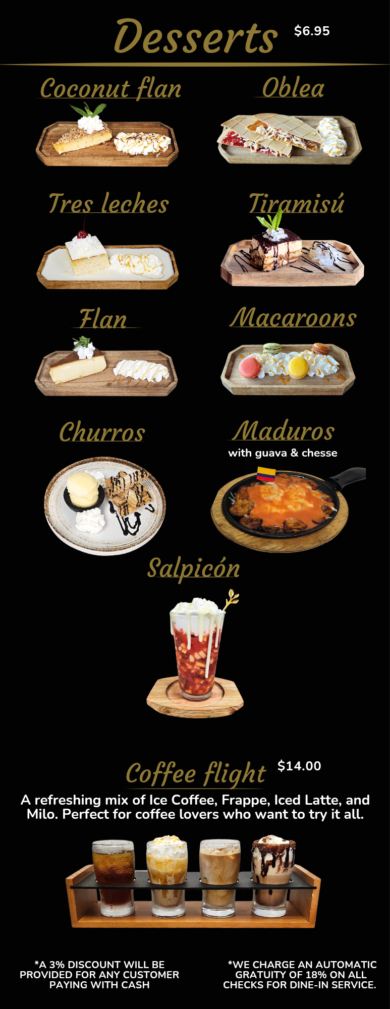 Desserts menu: various sweets and a coffee flight. Dark background, elegant font.