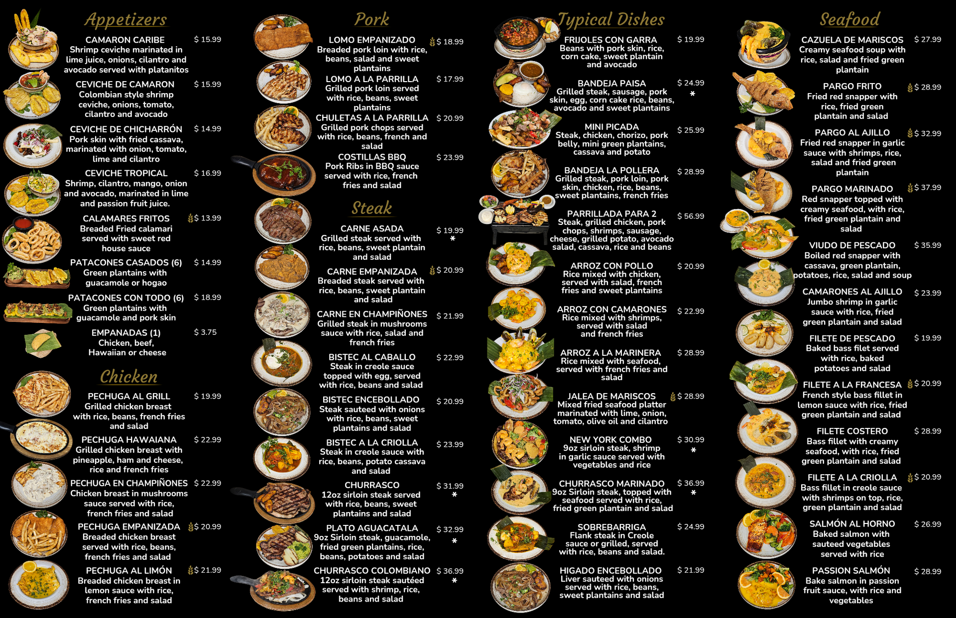 Menu board with various dishes and prices, presented against a black background.