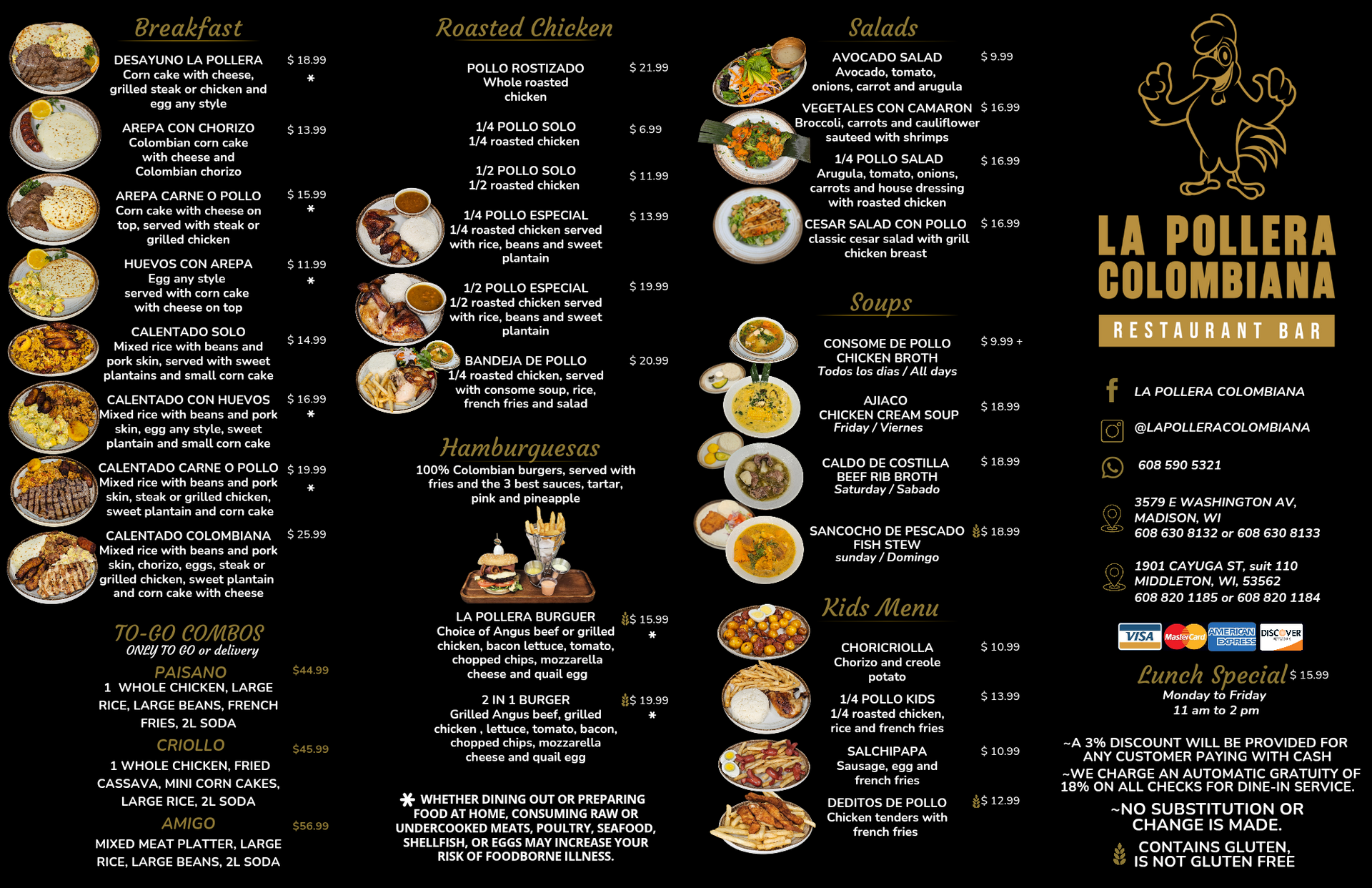 Menu for La Pollera Colombiana restaurant with food options.