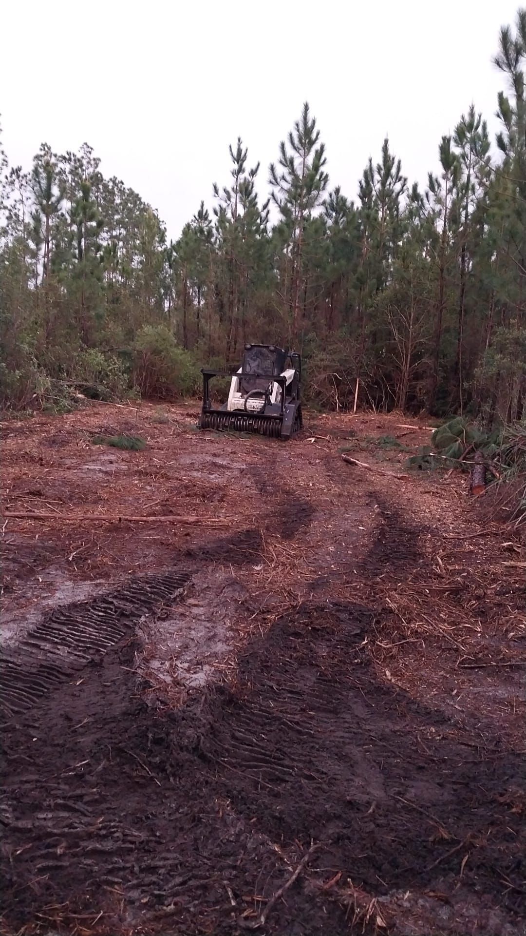 A tractor in a muddy clearing, surrounded by trees and a cloudy sky.