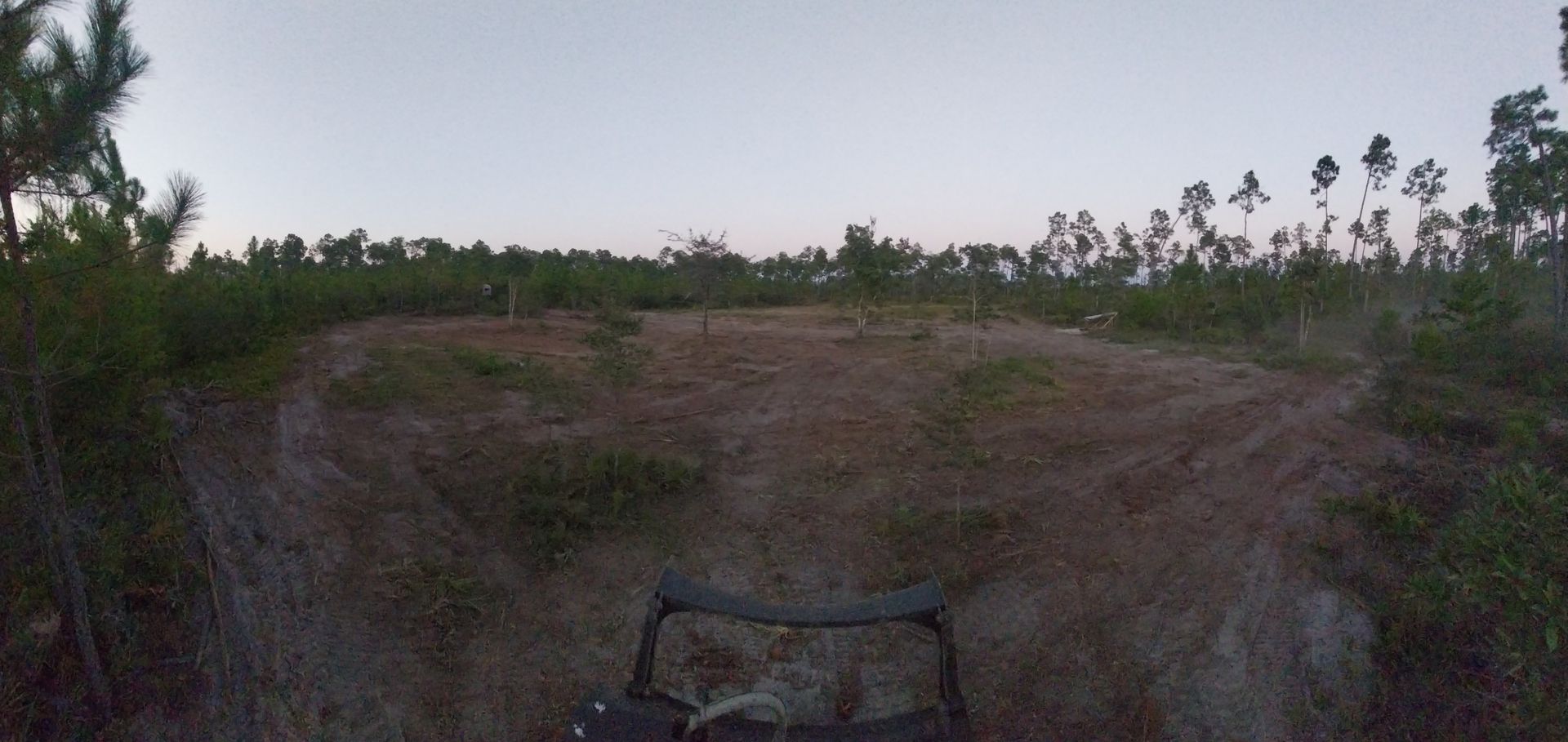 A vehicle parked in a clearing surrounded by trees under a dusky sky.