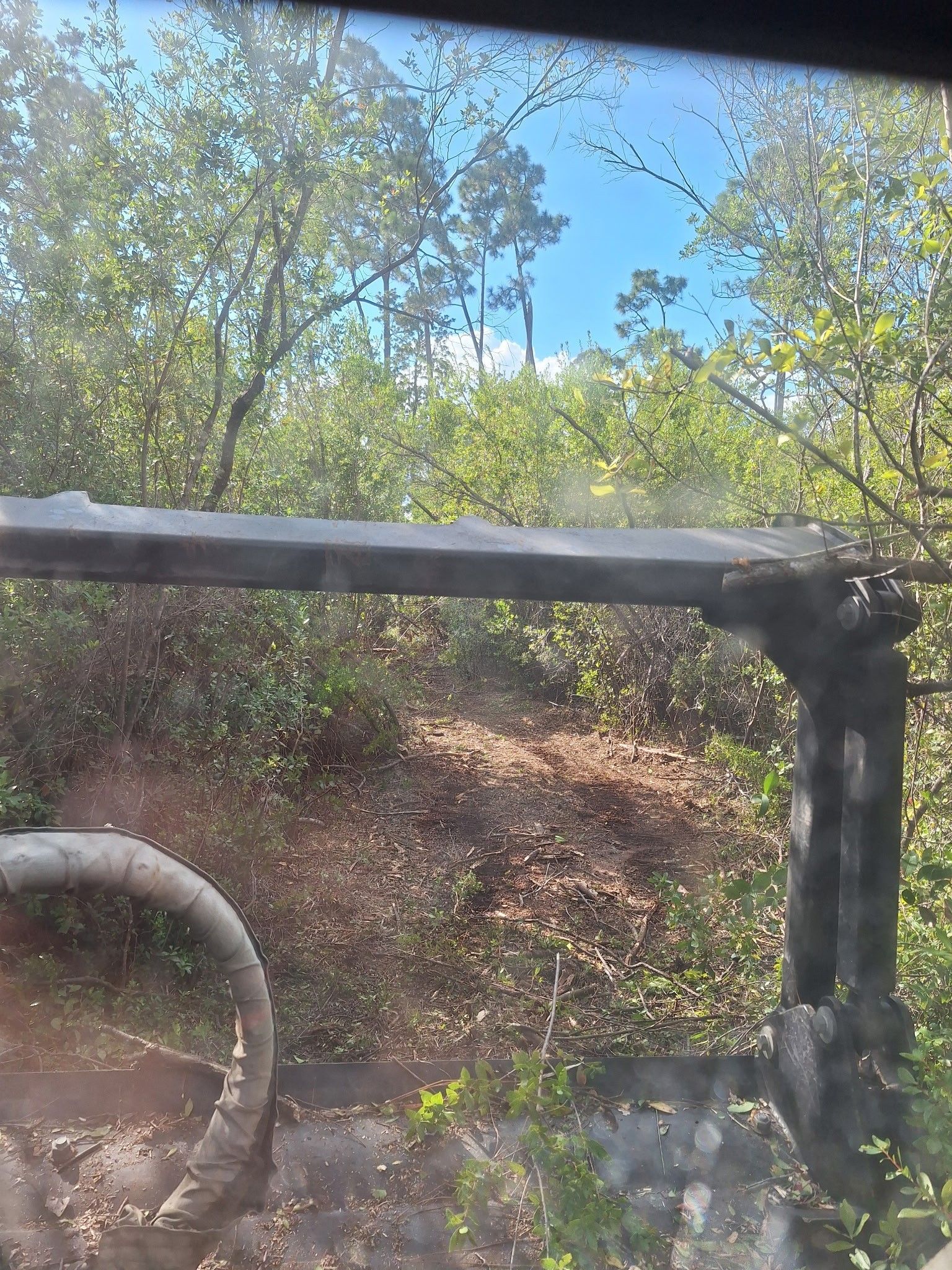 View from inside of a vehicle with a dark metal structure in foreground overlooking woods and a blue sky.