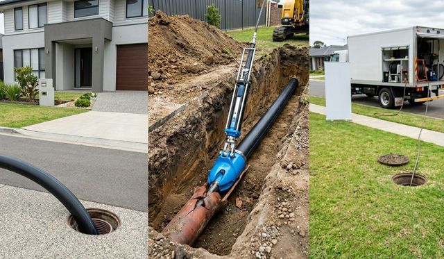 A three-part collage shows residential pipe repair: a hose entering a drain, a trench pipe replacement, and a utility van.