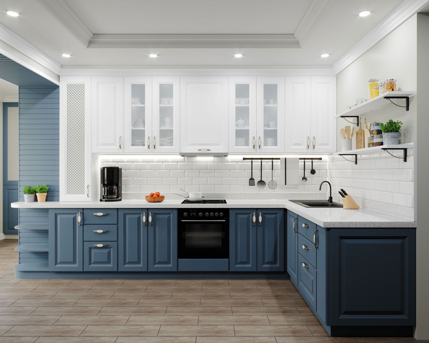 modern style kitchen interior with white top and blue bottom
