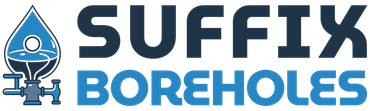 Logo for Suffolk Boreholes, with blue water drop icon, dark and light blue text.