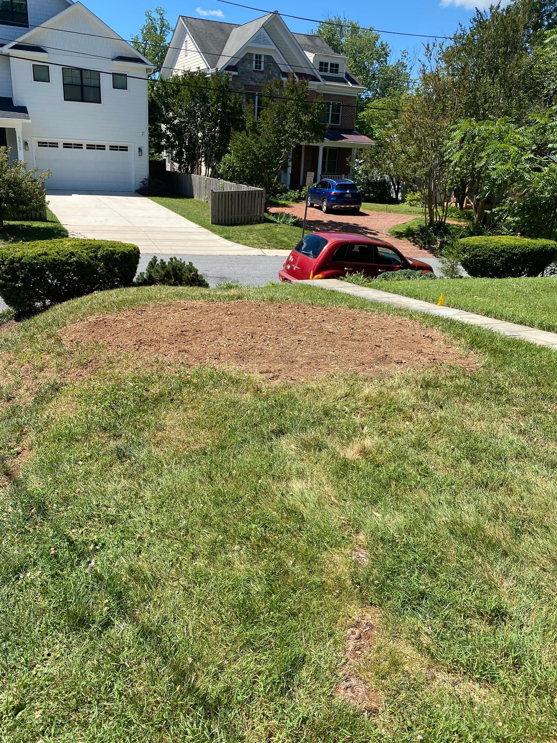 Front yard with a red mower on a grassy slope, houses and trees in the background.