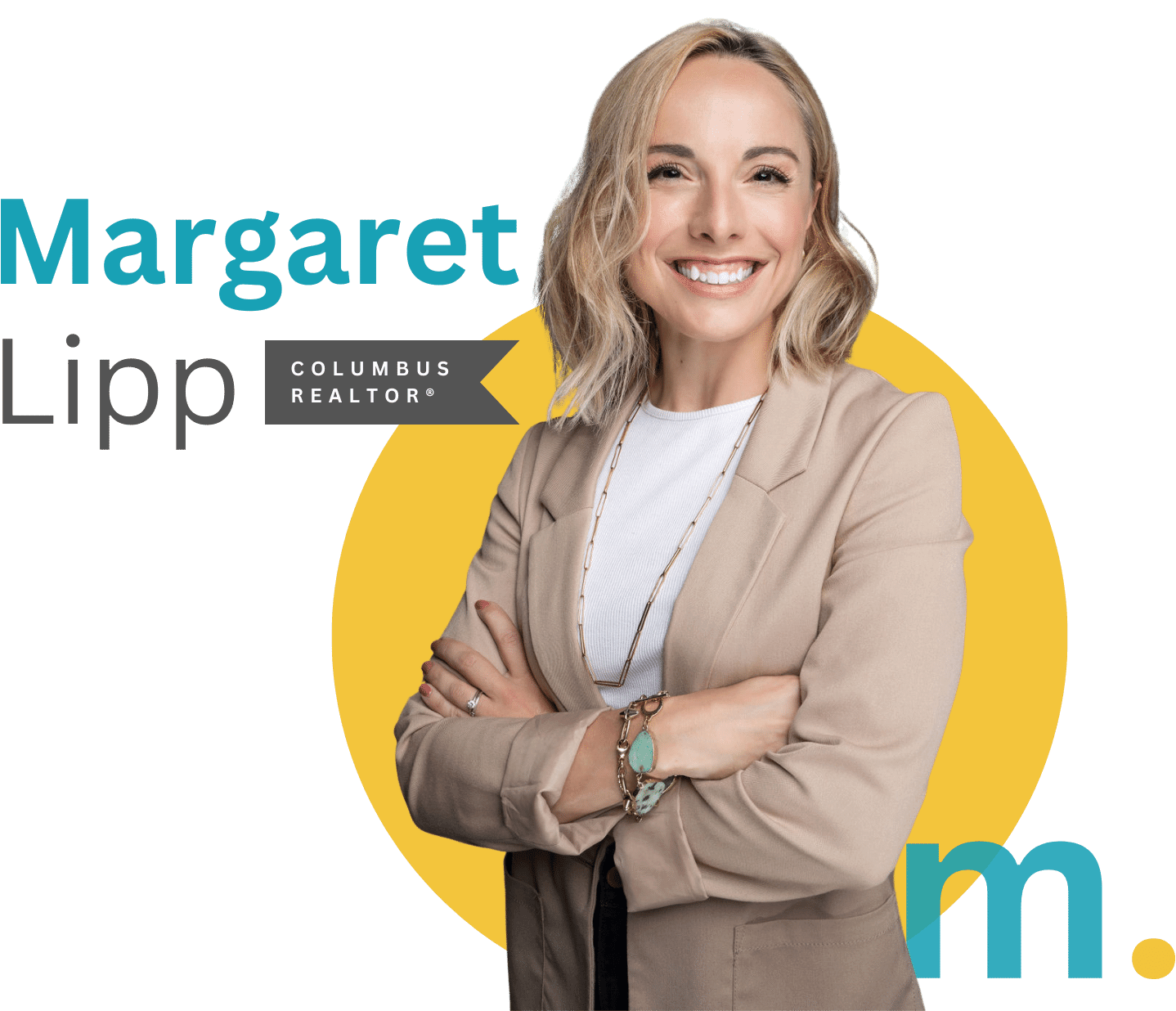 A woman with her arms crossed is standing in front of a sign that says margaret lipp