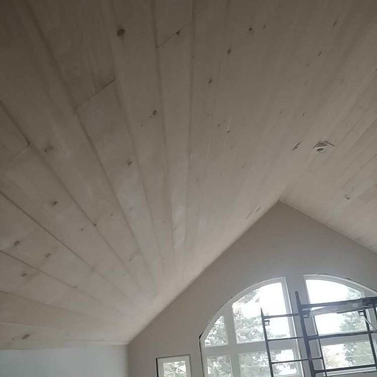 A room with a vaulted ceiling and a ladder in it.