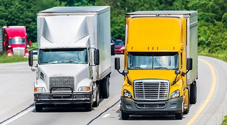 Two semi-trucks, one silver and one yellow, driving on a highway with other vehicles, in a green landscape.