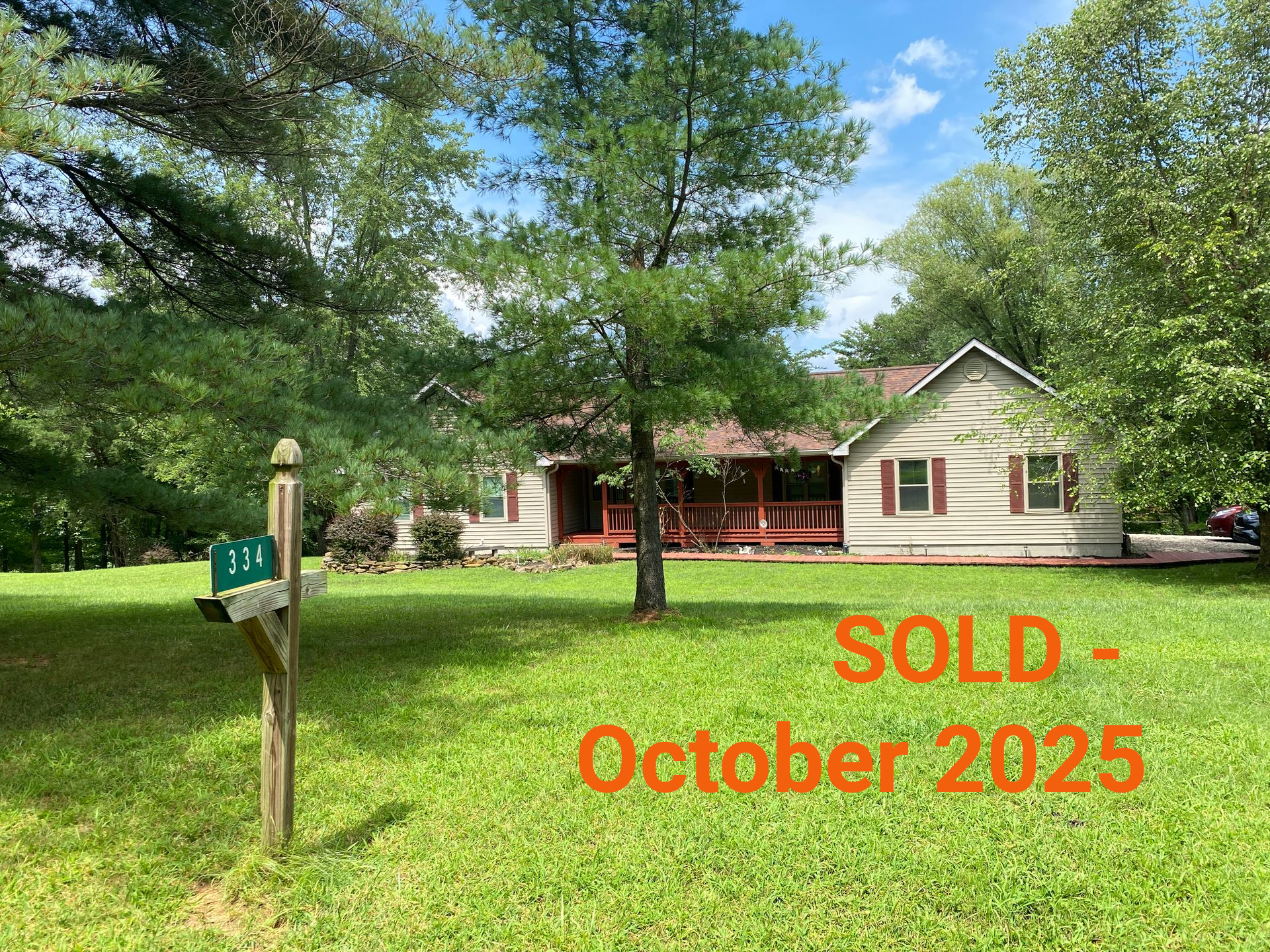 Cottage Style resort home in wooded area; “Just Listed...222 Pima Hide-A-Way Hills” text at the bottom.