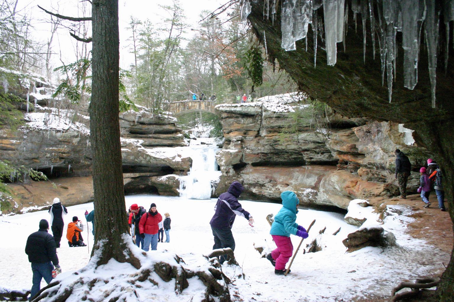 Snowy waterfall setting for the annual Winter Hike in the famous Hocking Hills in southeast Ohio