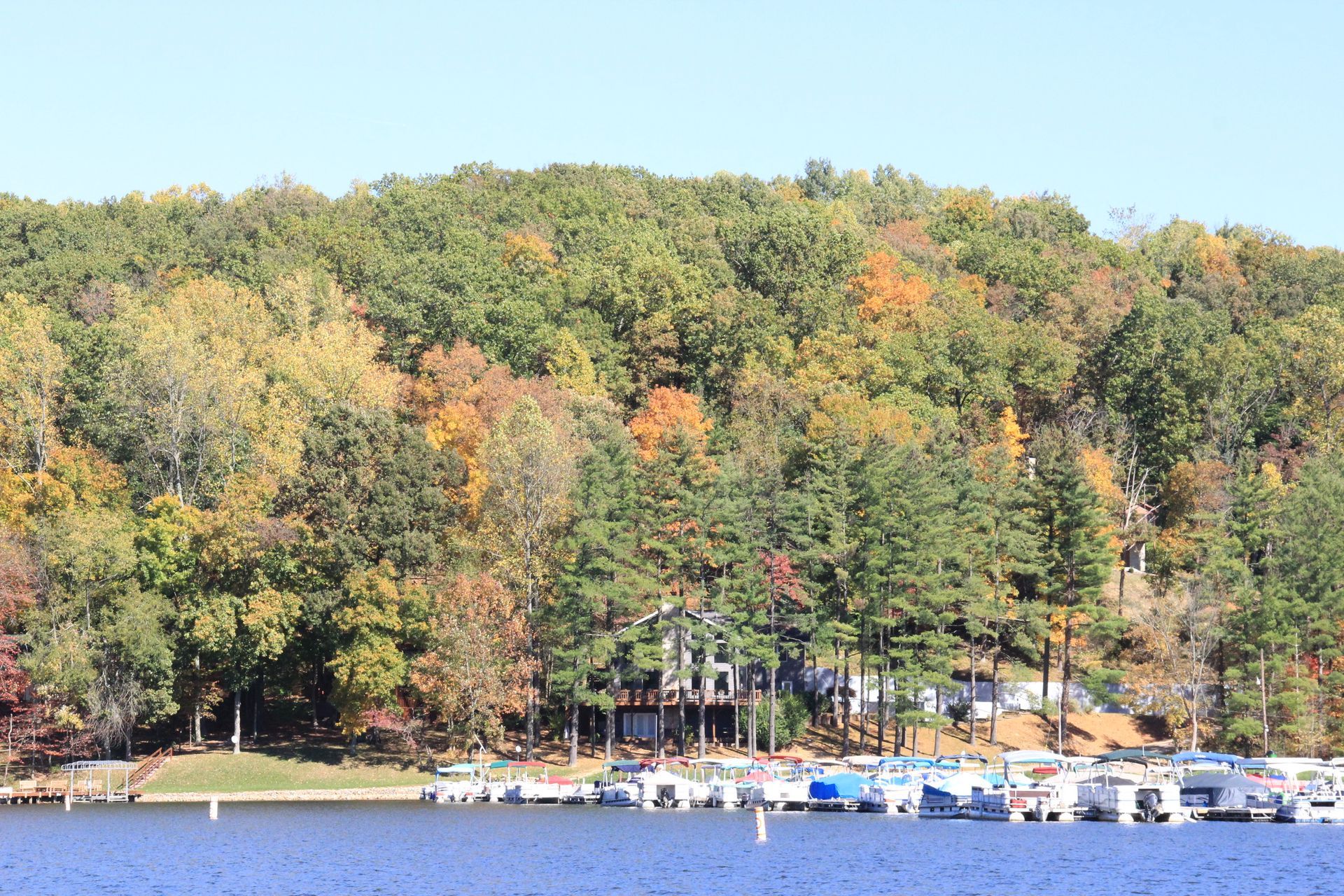 Main dam and docks in Hide-A-Way Hills Club, private resort community near the Hocking Hills
