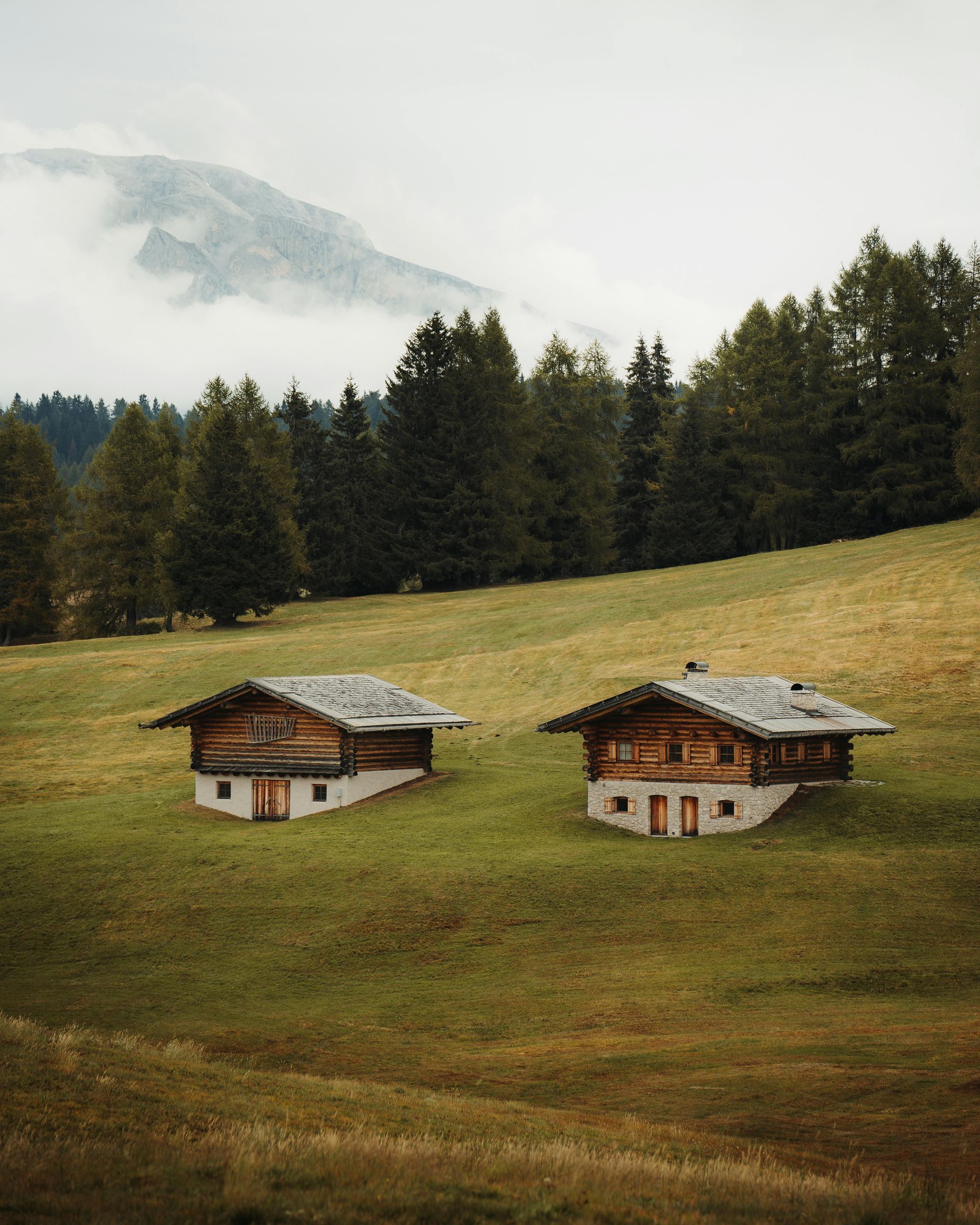 Two small wooden cabins on a grassy hillside with a mountain and trees in the background.