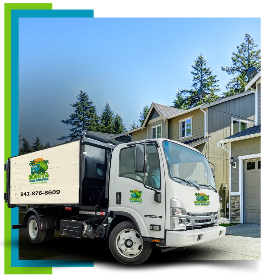 A Bonita Junk Removal Truck in front of a house.