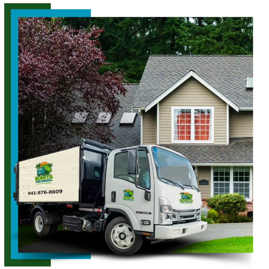 A bonita junk removal truck in front of a house