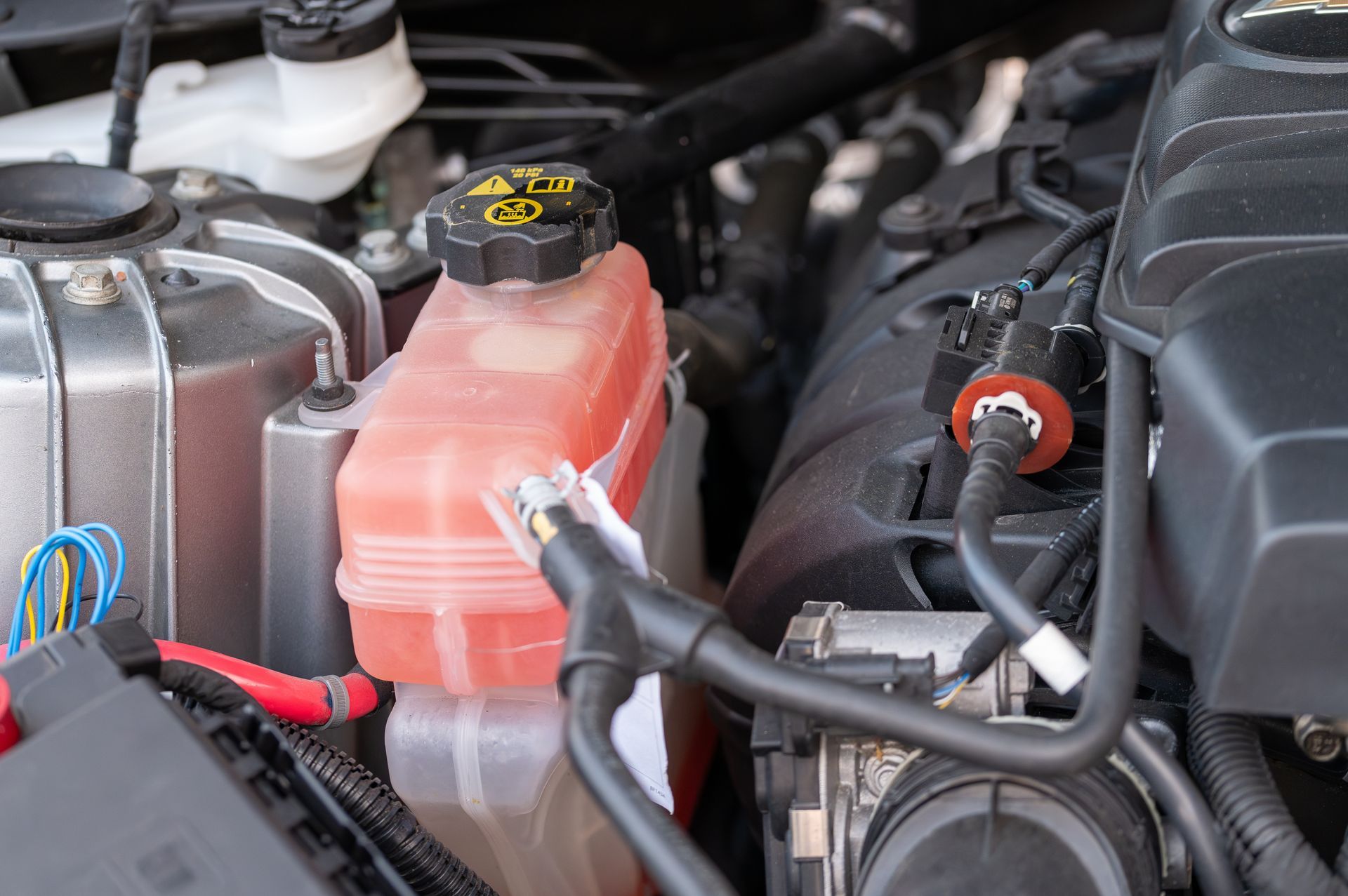 Car engine bay with coolant reservoir, black hoses, and battery wiring.