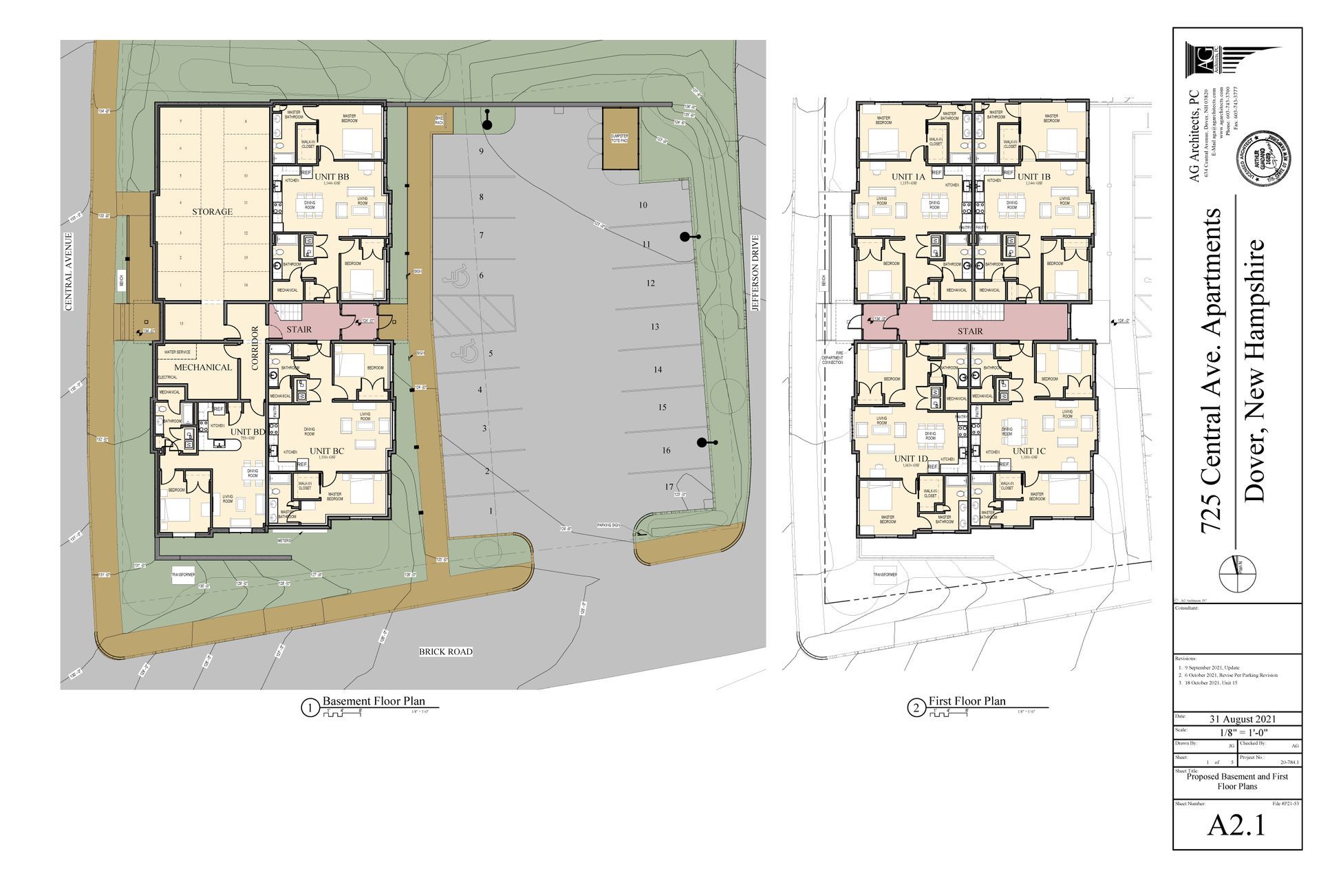 A floor plan of a building and a parking lot