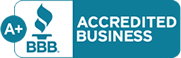 The logo for an accredited business is blue and white.