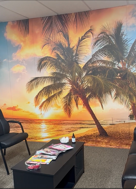 A waiting room with a large palm tree mural on the wall A waiting room with a large palm tree mural on the wall