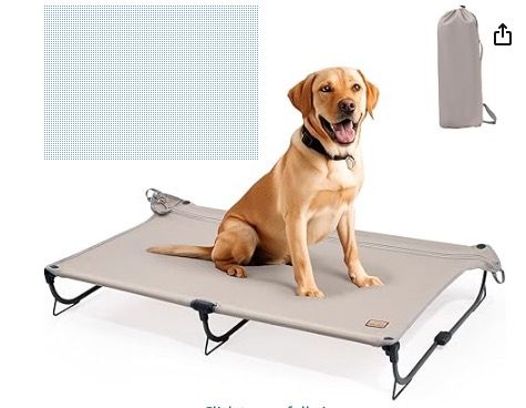 A beige elevated pet cot with a yellow Labrador retriever sitting on it, accompanied by a matching carrying bag.