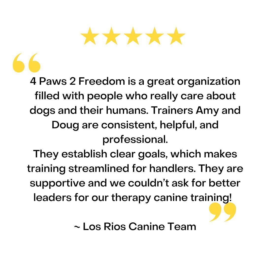 Five-star review for 4 Paws 2 Freedom from the Los Rios Canine Team, praising trainers Amy and Doug.