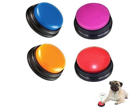 Four colorful dog communication buttons (blue, purple, orange, red) with a pug resting its paw on a red button.