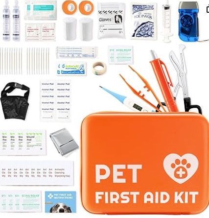 An orange pet first aid kit with medical supplies, including bandages, tweezers, thermometer, and scissors on a white background.
