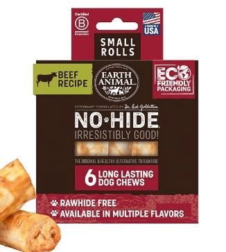 Packaging for Earth Animal No-Hide beef dog chews, showing six long-lasting, rawhide-free rolls in a brown-and-red box.