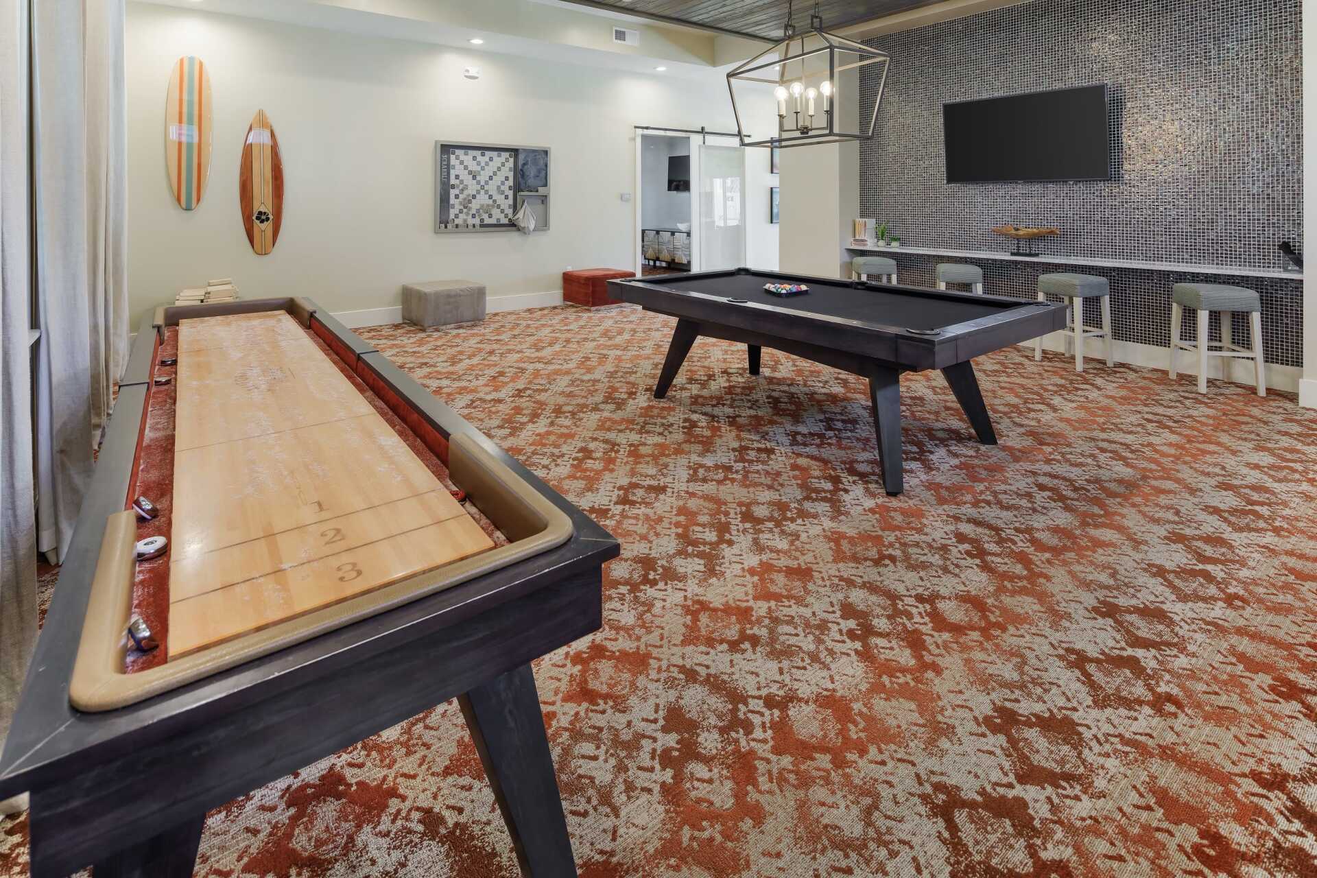 The Elysian | Game Room with Card Table, Shuffleboard & Billiards
