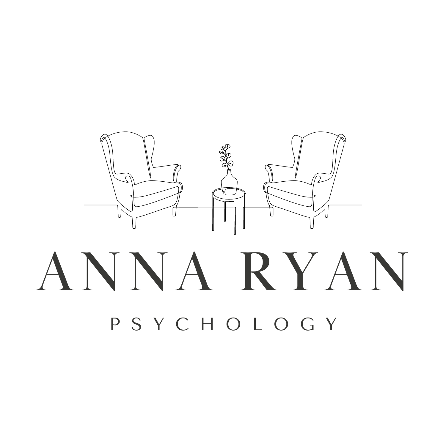 A logo for anna ryan psychology with two chairs and a vase of flowers.