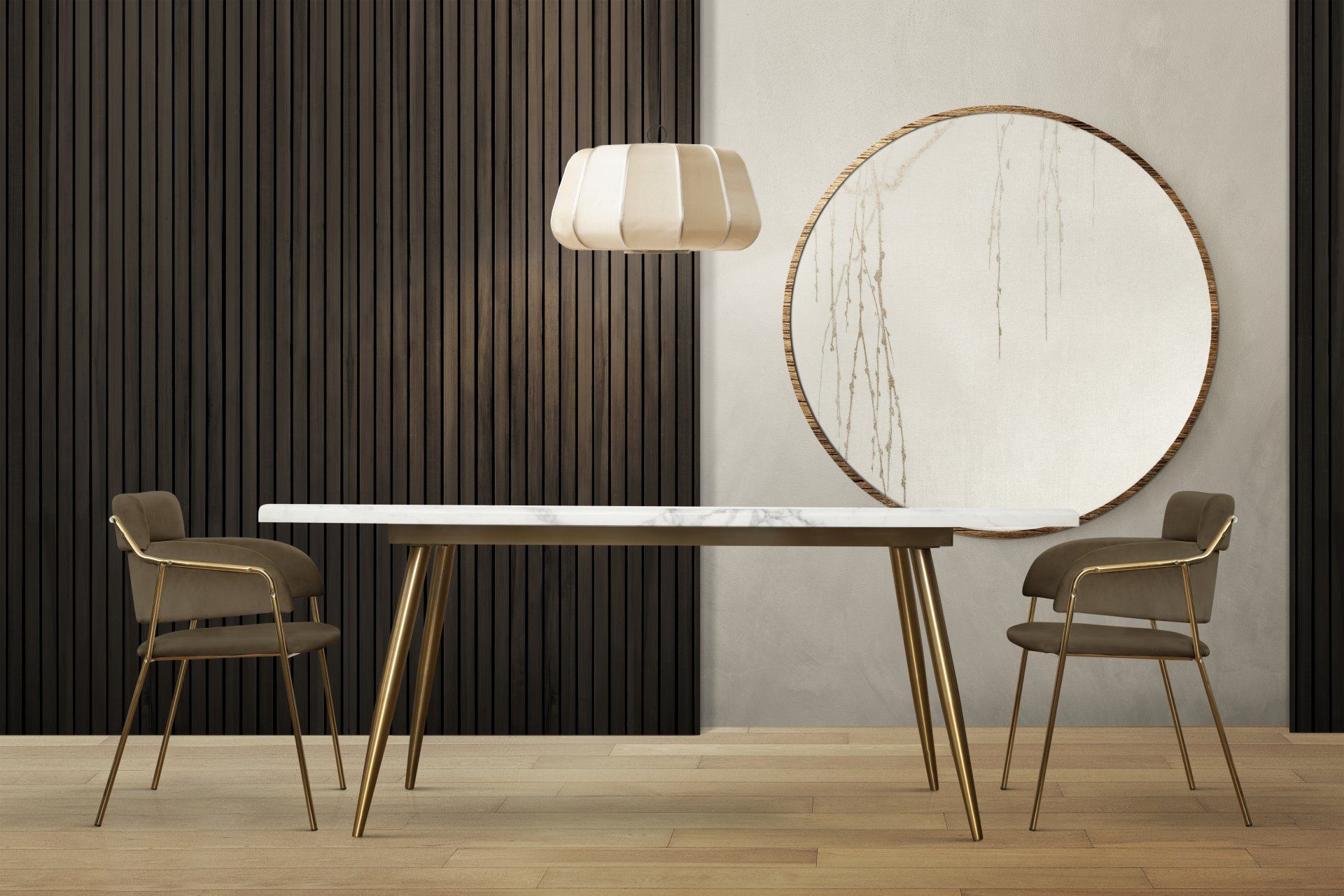A dining room with a table and chairs and a mirror on the wall.
