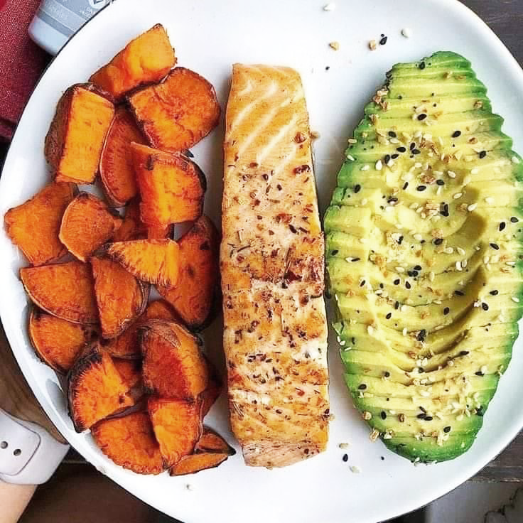 Avocado With Roasted Sweet Potatoes & Salmon Made by Honey Puddle Food & Farms in Hallsville, MO.