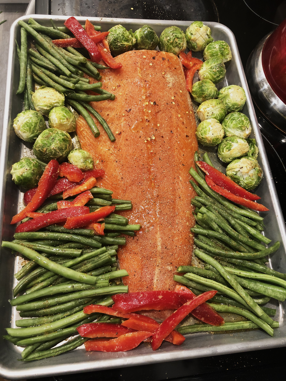 Salmon & Vegetables Prepped for Baking on a Sheet Pan. Meal Prep Service by Honey Puddle Food & Farm