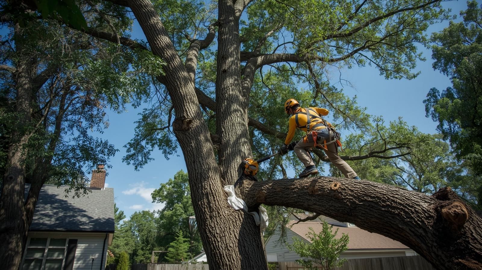 Arborist in safety gear pruning a large tree with a chainsaw.