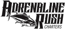 Black-and-white Adrenaline Rush Charters logo with stylized fish graphic