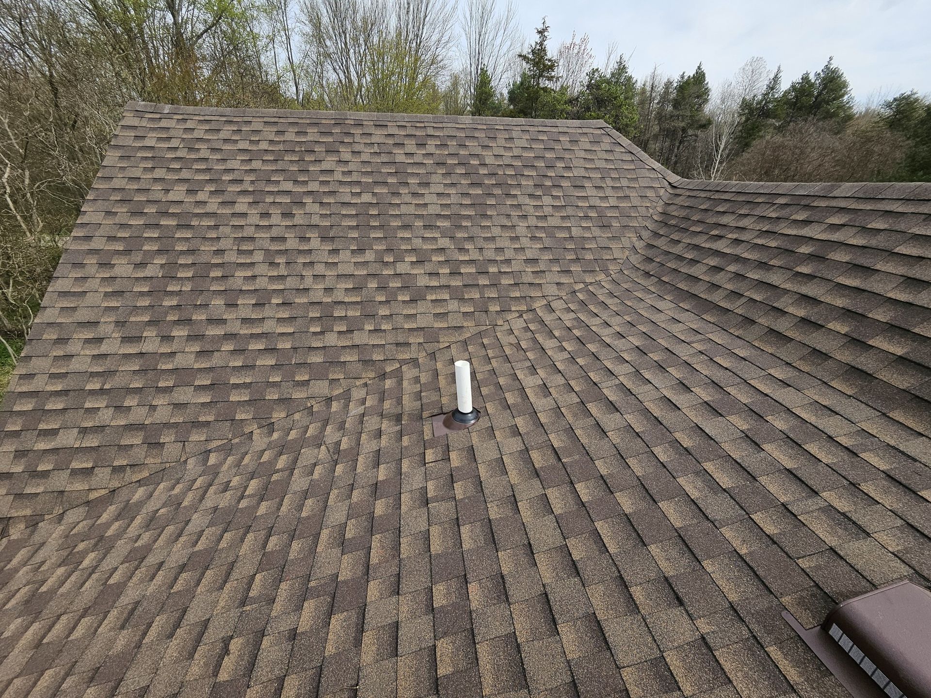 Brown asphalt shingle roof with a white vent pipe. The roof is angled and in an outdoor setting.