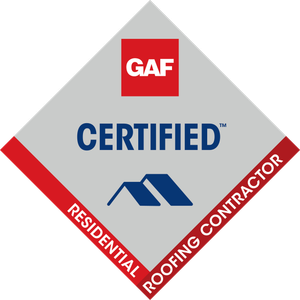 GAF Certified Residential Roofing Contractor logo: red, gray, and blue diamond with text and roof icon.