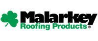 Logo for Malarkey Roofing Products, featuring a green shamrock and the company name in black and green text.