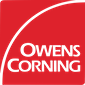 Owens Corning logo: White text on red background, with a white curved line in the upper left.