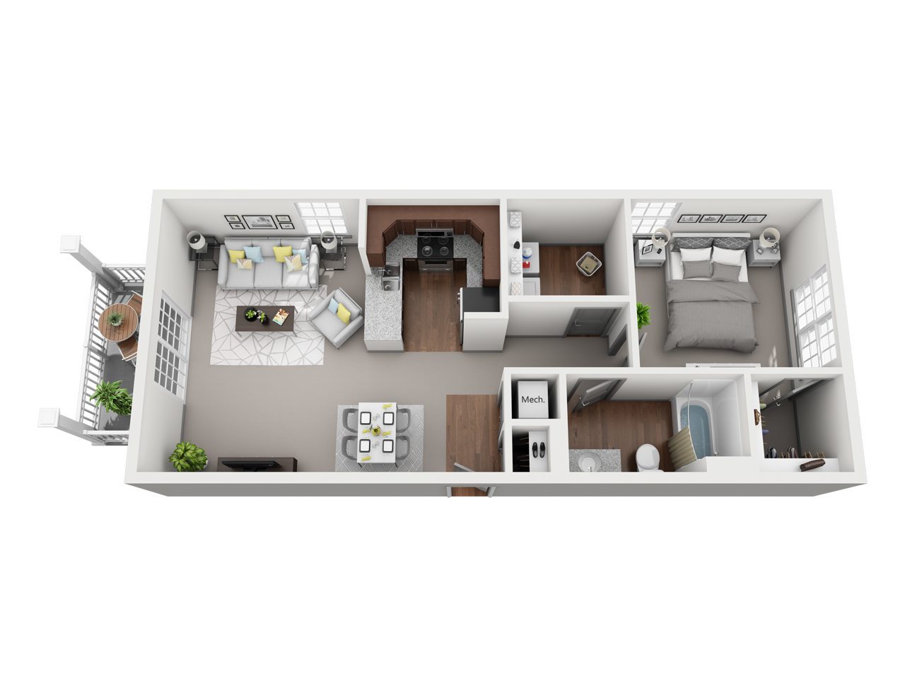 1 Bed Floor Plan with Carpet and Wood Flooring