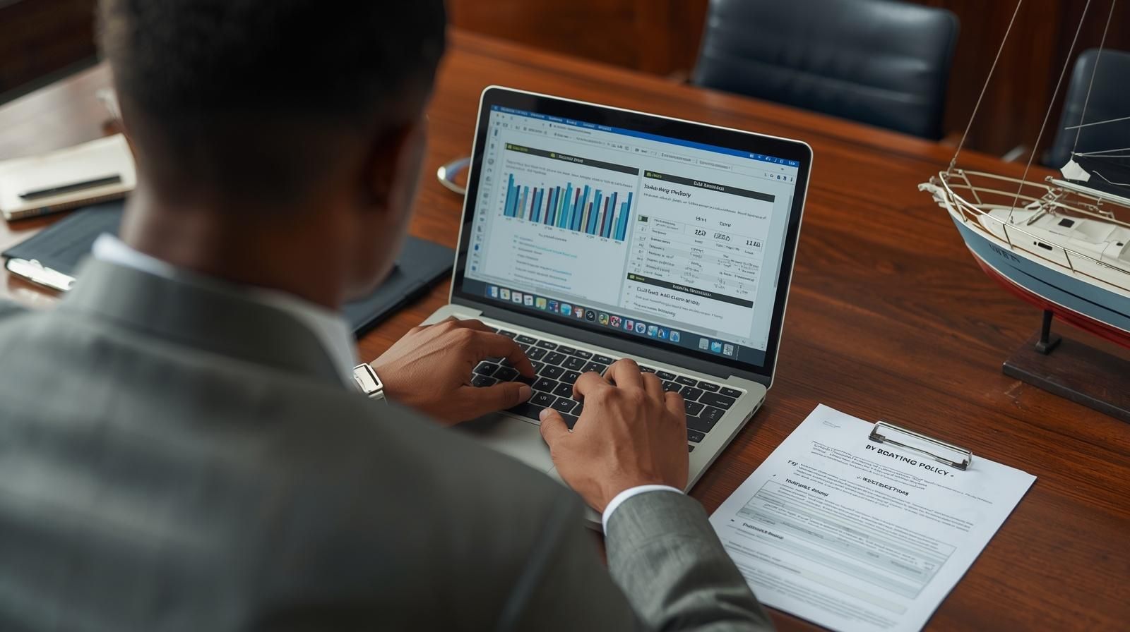 A professional in a grey suit works at a laptop displaying data charts on a wooden desk with a model boat and documents.