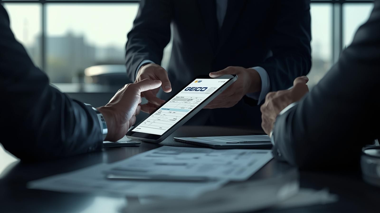 Business professionals in suits sit around a desk, reviewing data on a tablet during a meeting.