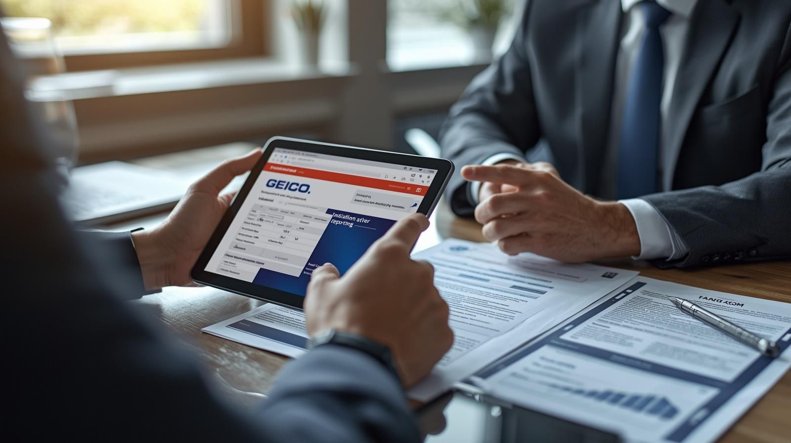 Two business professionals sit at a desk reviewing financial documents and data on a tablet.
