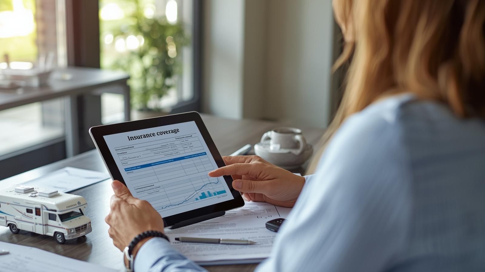 A person reviews financial charts on a tablet at a desk, with a toy recreational vehicle model nearby.