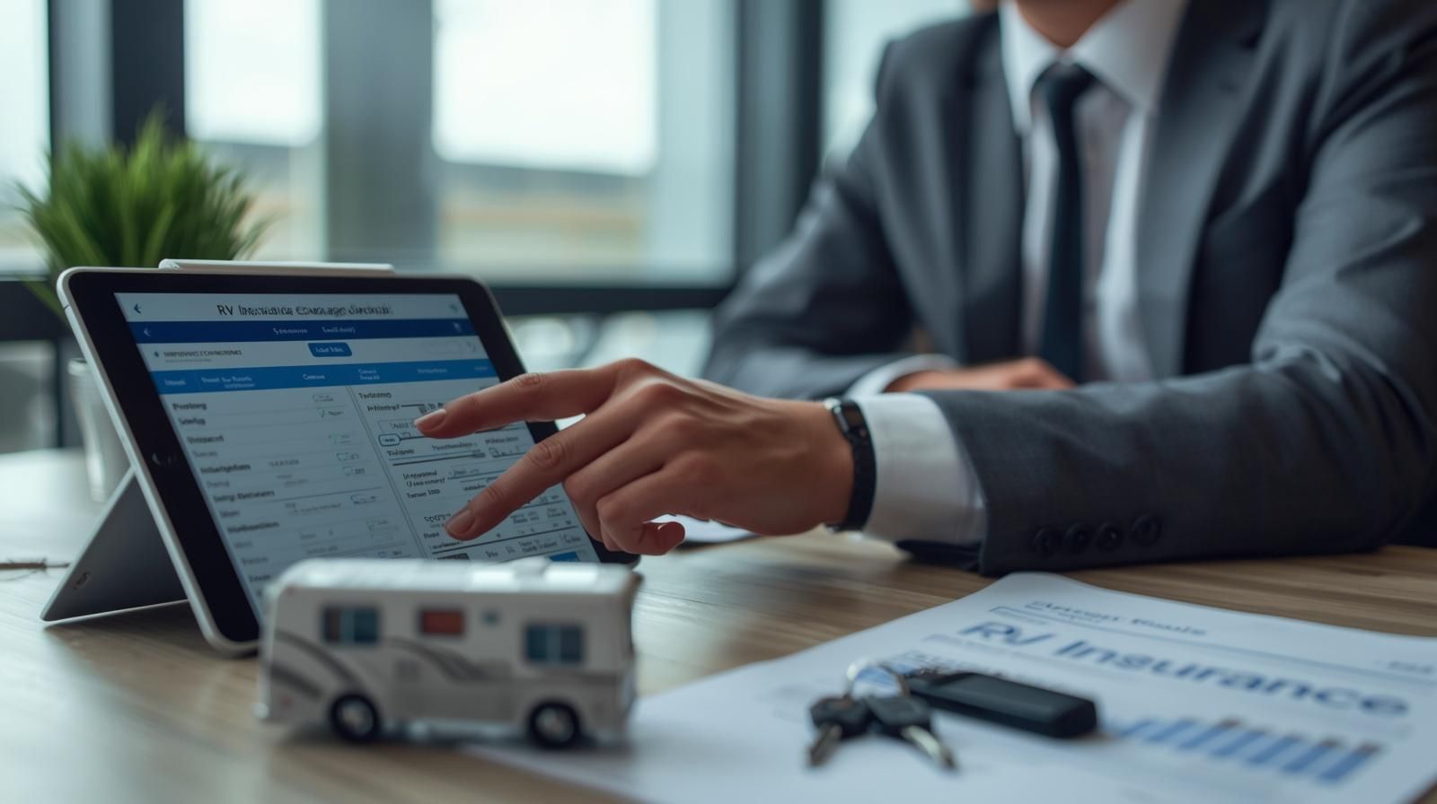 A person in a suit points to a tablet screen next to a model RV and car keys on a desk, representing RV insurance services.