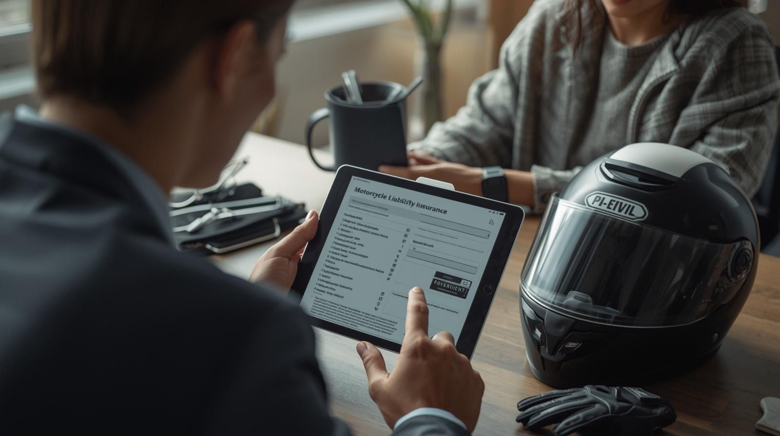 A person in a suit reviews a digital document on a tablet while sitting at a table with a motorcycle helmet and gloves.