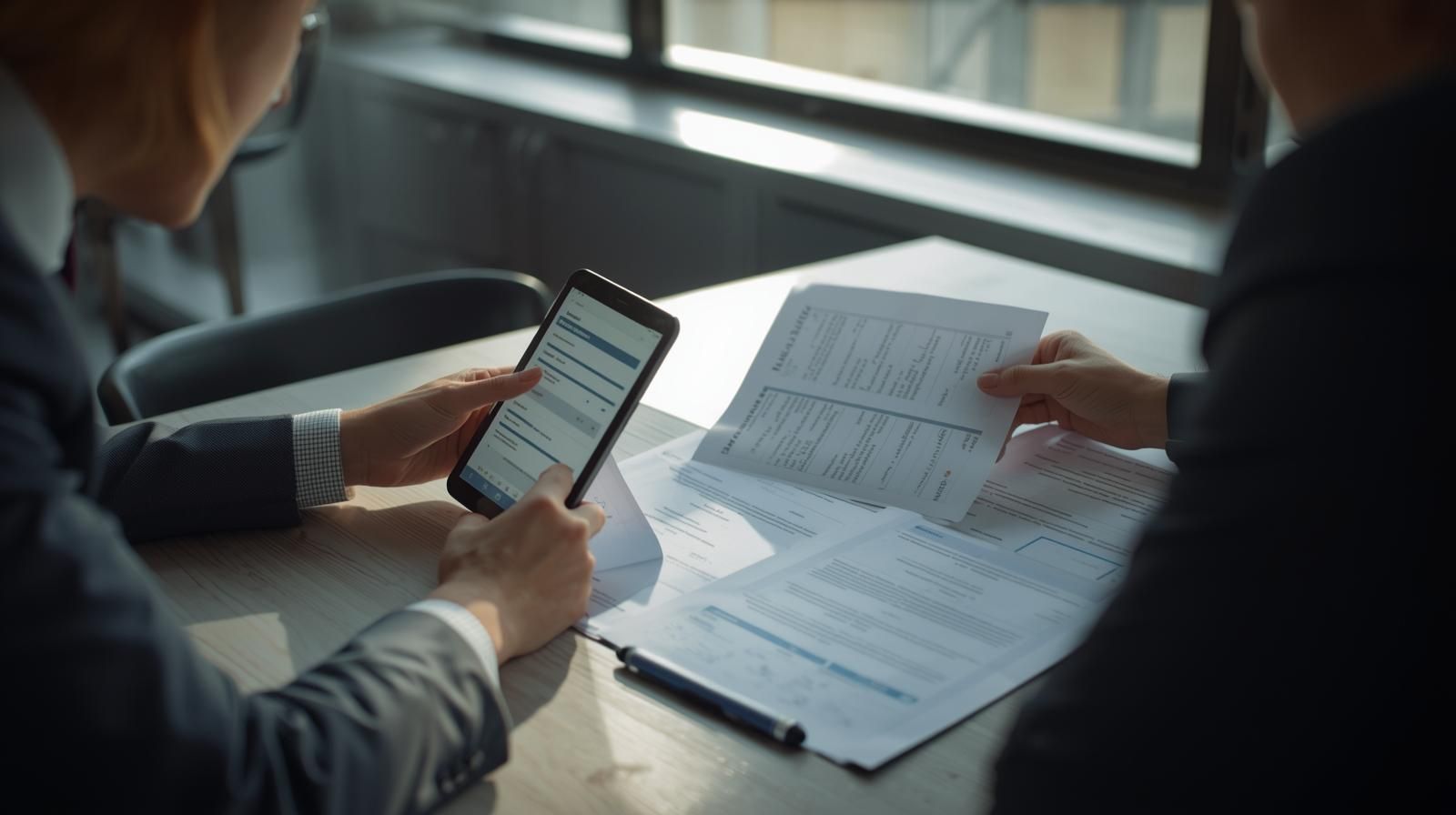 Two professionals sit at a desk, pointing at document pages in front of an open laptop in an office setting.